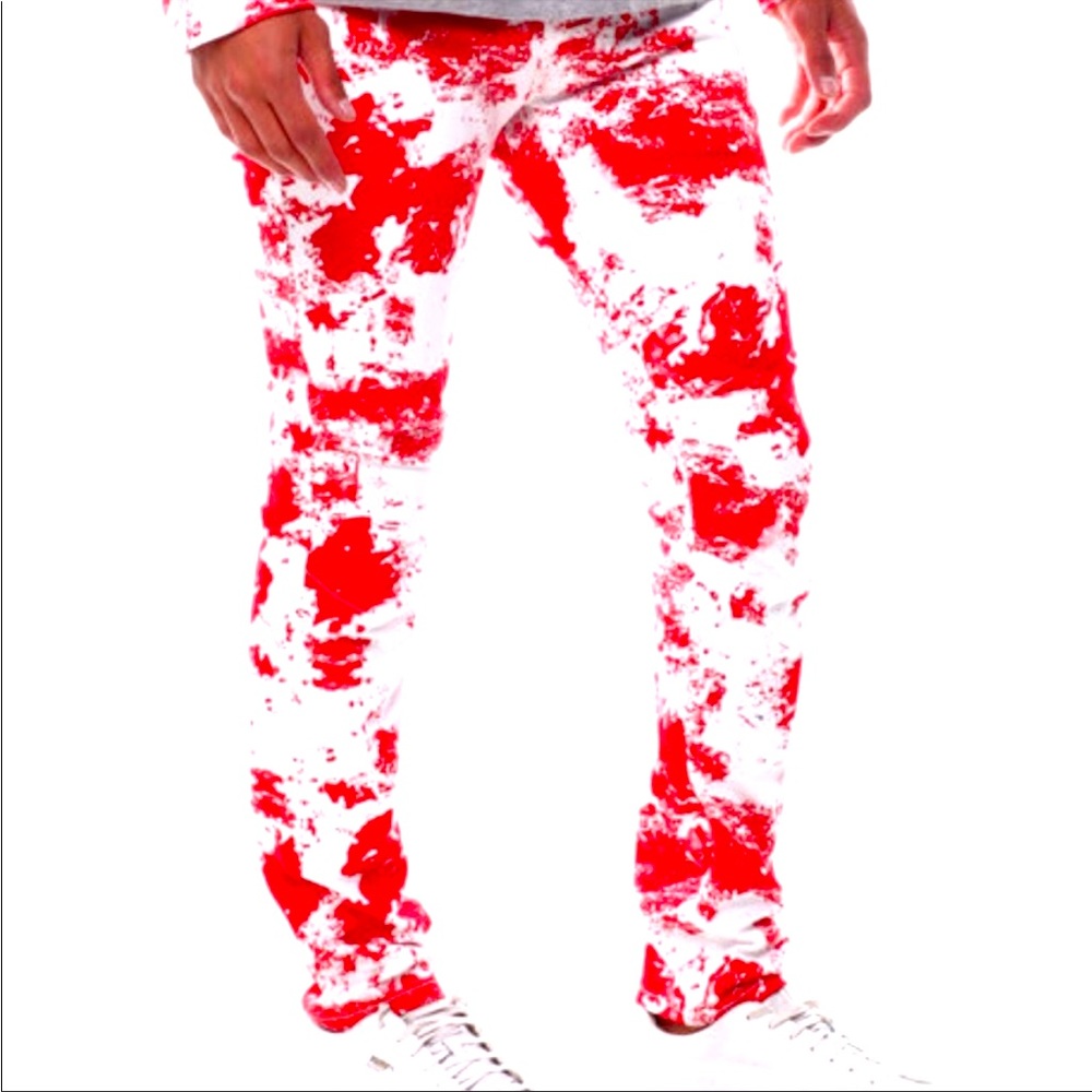 NWT!!! Mens stylish abstract red/white skinny jeans; sz 32W